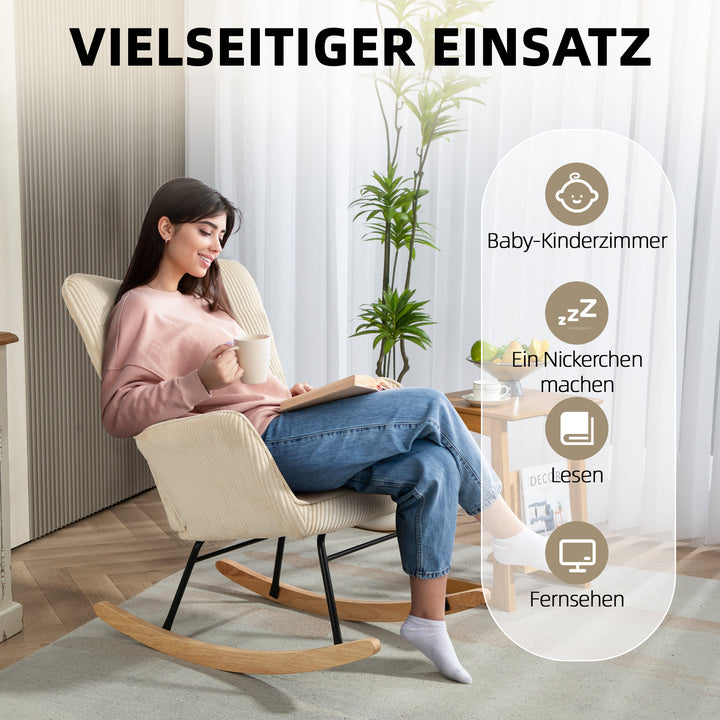 Vintage gyngestol, buede løbere, tykt polstring, bøgetræ og stål, beige