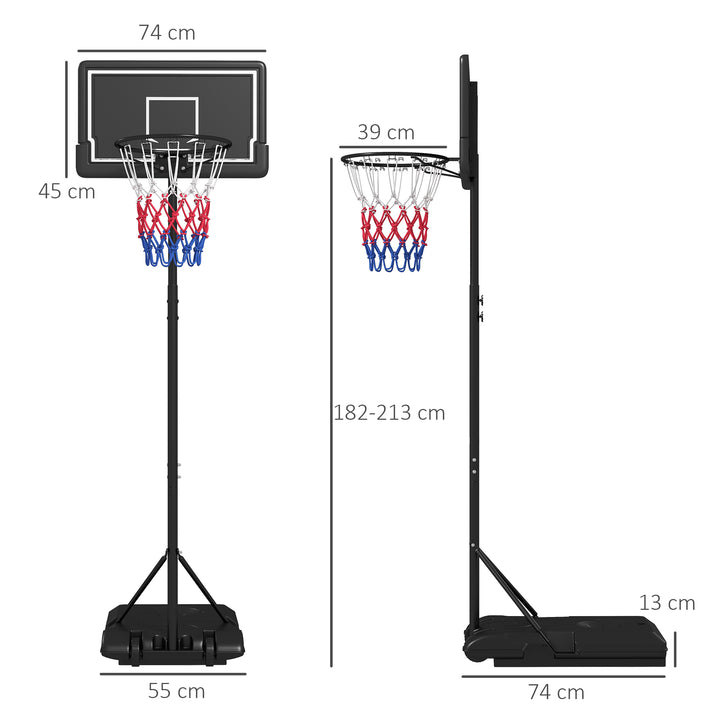 Basketballstativ, højdejusterbart, mobilt, fyldeligt, brudsikkert bagpanel, kurvhøjde 1,82 - 2,13 m, sort