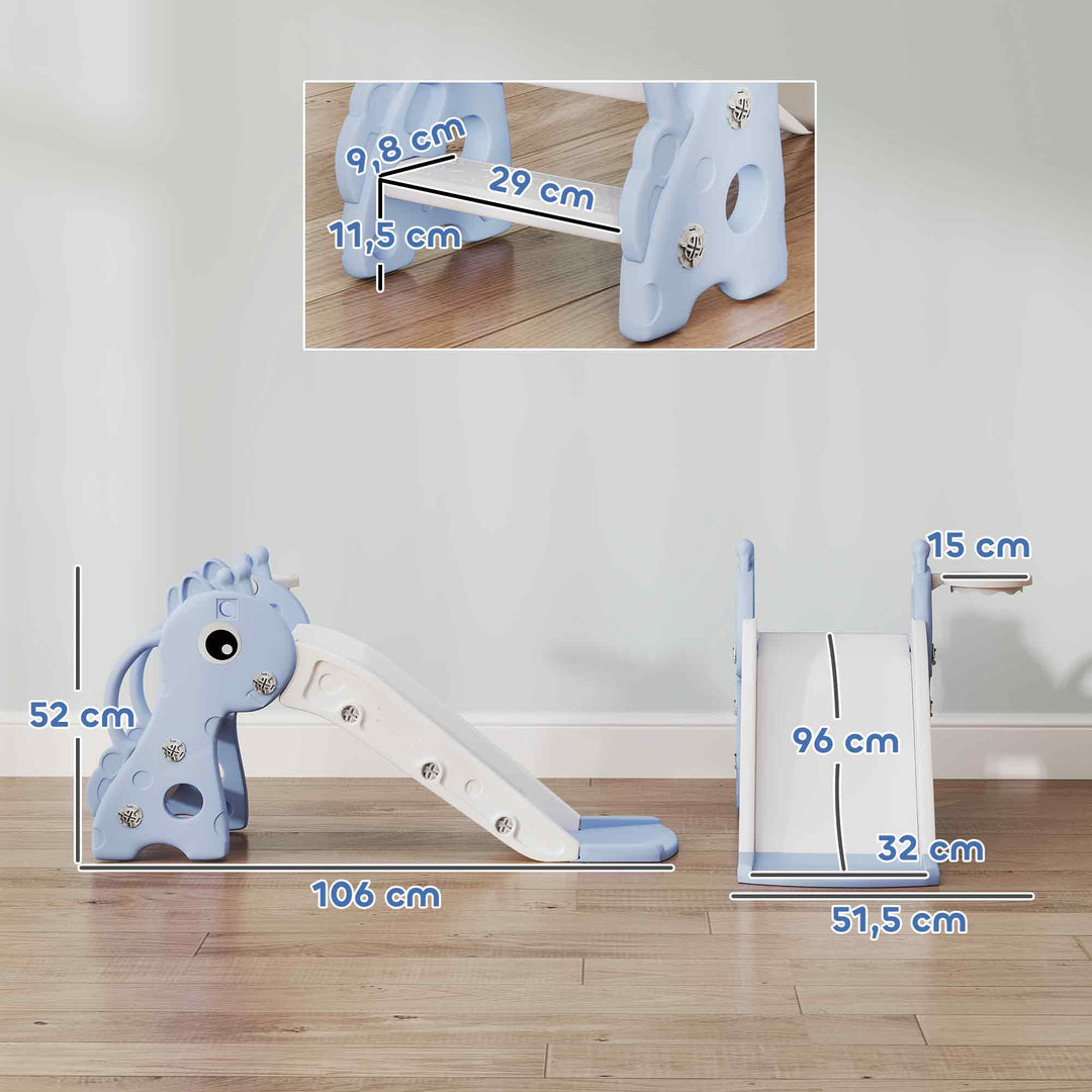 3-I-1 børnerutsjebane, girafformet, basketballkurv, bold, blå