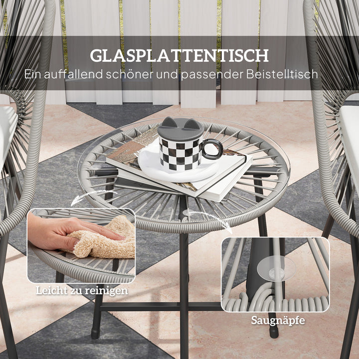 3-Delt havemøbelsæt, 1 bord, 2 stole, rottingvævning, stålstel, sofabord med glasplade, mørkegrå