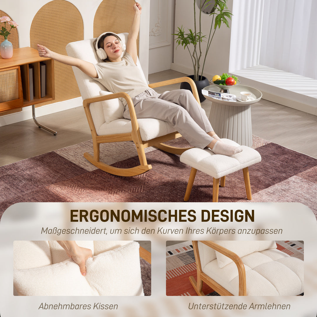 Gyngestol med fodskammel, fleecebetræk, høj ryg, træben, fodpuder, hvid