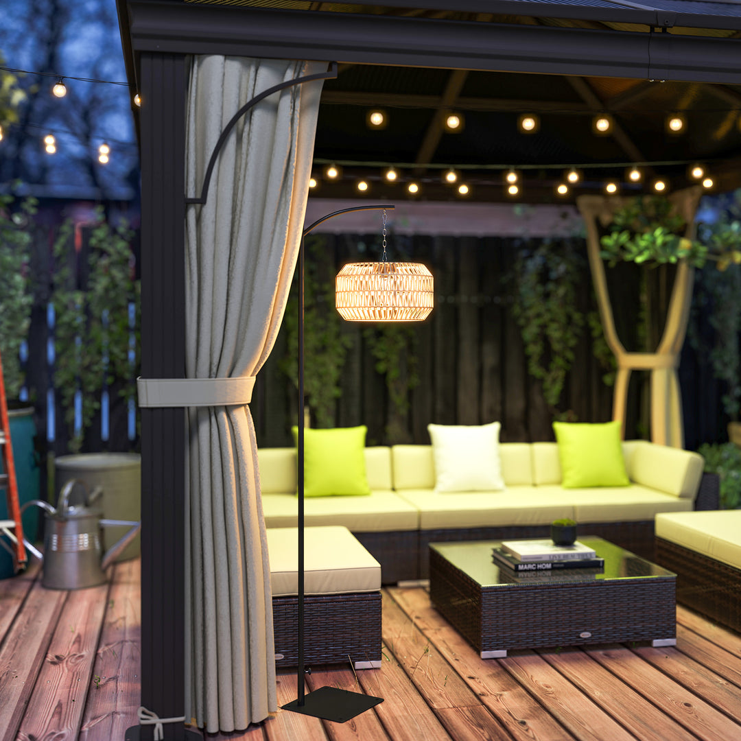 Solcellegulvlampe, rottingstil, solcellelamper med lyssensor, automatisk solcellelys i boho-stil, IP44, sort+gul