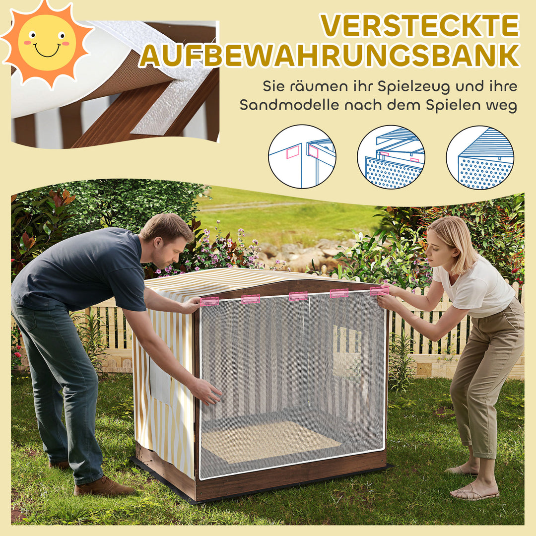 Sandkasse, sandkasse med baldakin og netdør, bænke, gulvbeskyttelse, brun