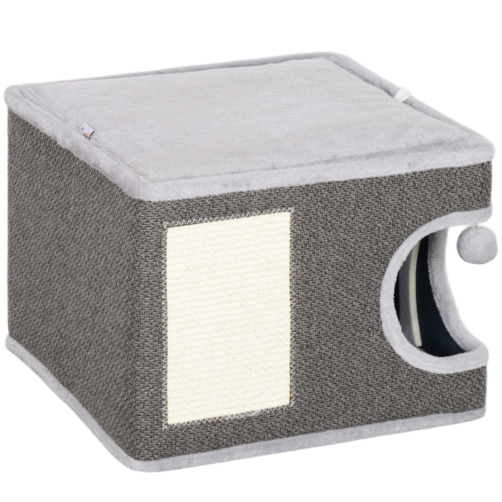 Kattehus med 2 puder, seng, hule, kradsemåtte, legebold, lille kradsetræ, grå