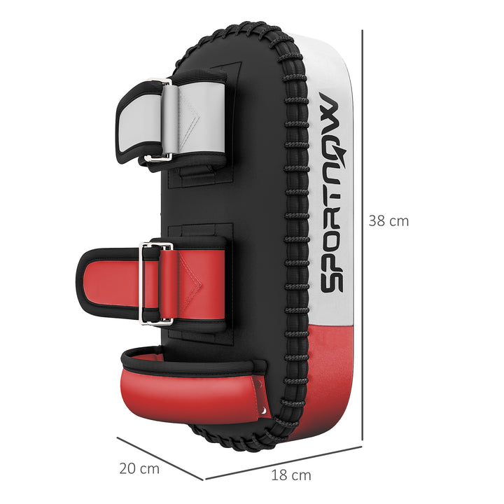 Kickpad til muay thai, kickboxing, syntetisk læderbetræk, 0,4 kg, 38 x 20 x 18 cm, sort/rød/hvid