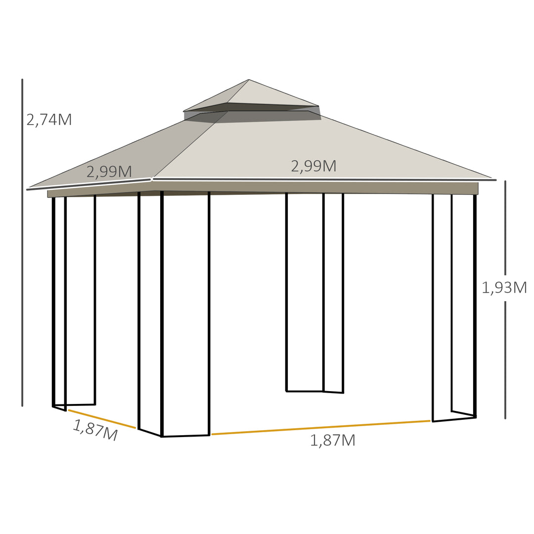 Havepavillon med dobbelttag, pavillon, havetelt, partytelt med 4 sidevægge, metal+polyester, beige, 2,99 x 2,99 x 2,74 m