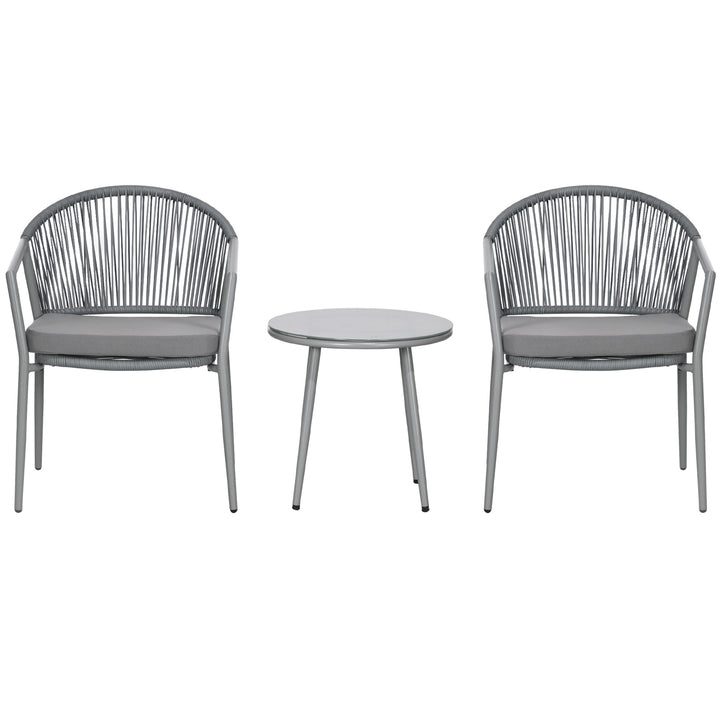 Havemøbelsæt, 2 stole og 1 bord med glasplade, rattan-look, vejrbestandig, metalstel, grå