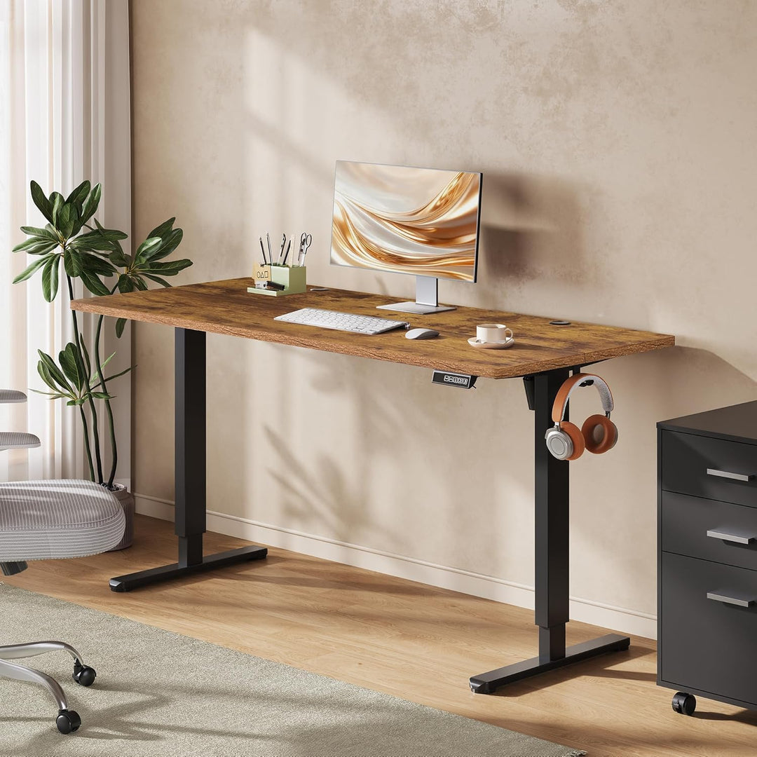 DEVAISE højdejusterbart skrivebord 160×70 cm, støjsvag motor med 3 højdeindstillinger, justeringsområde 72–118 cm, ergonomisk hæve-sænke skrivebord til kontor, brun