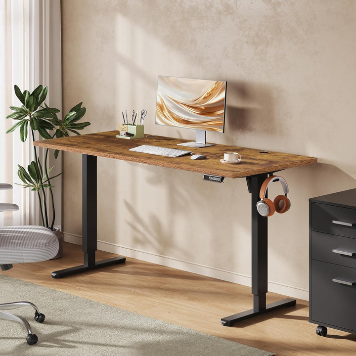 DEVAISE højdejusterbart skrivebord 160×70 cm, støjsvag motor med 3 højdeindstillinger, justeringsområde 72–118 cm, ergonomisk hæve-sænke skrivebord til kontor, brun