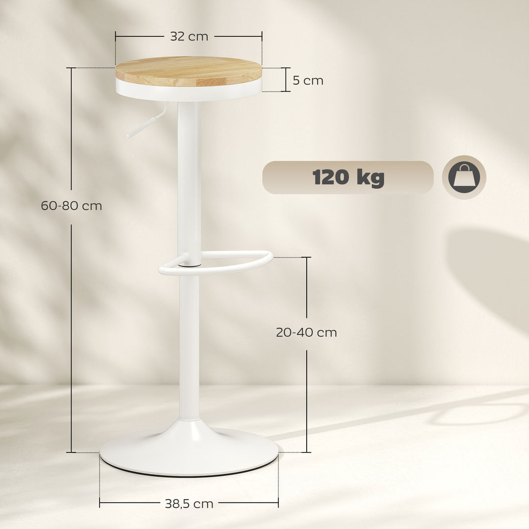Barstolsæt med 2, højdejusterbar, 360° drejelig, med stålstel og fodstøtte, 38,5x38,5x60-80 cm, naturtræ + hvid
