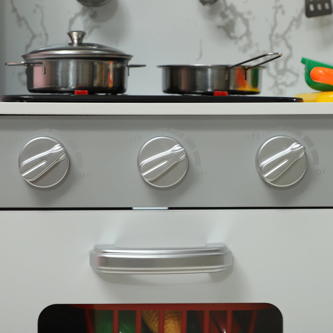 Legekøkken med komfur, mikrobølgeovn, meget tilbehør, højdejusterbar, 70,1 x 28 x 90,2/96,1 cm, hvid