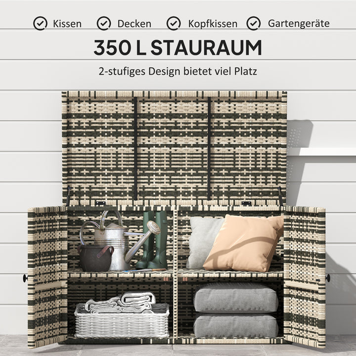 Rattan opbevaringskasse 350l 2-niveau hyndekasse med låg løftestænger bærehåndtag 118 x 57 x 69 cm blandet grå