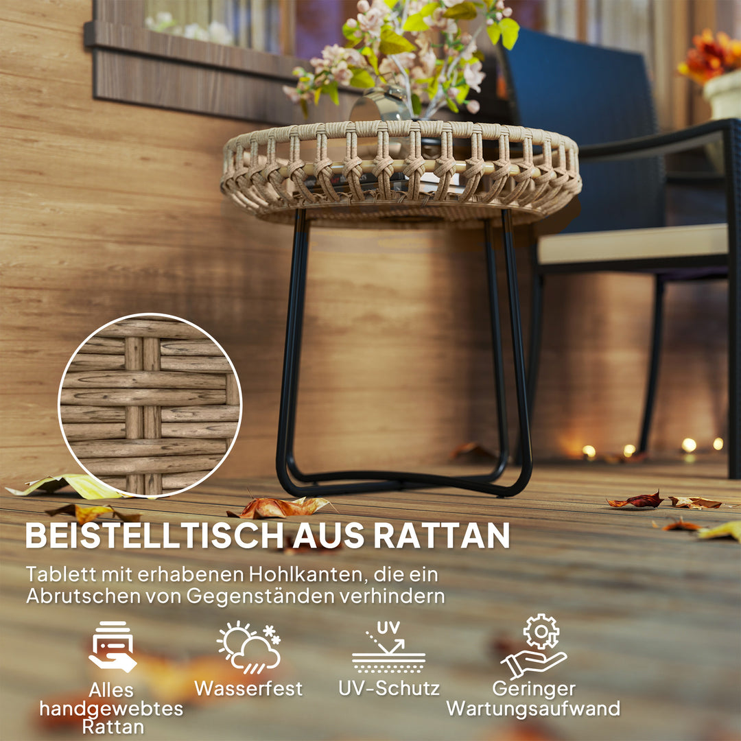 Sæt med 2 sideborde i polyrattan 60/41 cm rundt, vejrbestandigt havebord med x-ben, justerbare fodpuder, brun