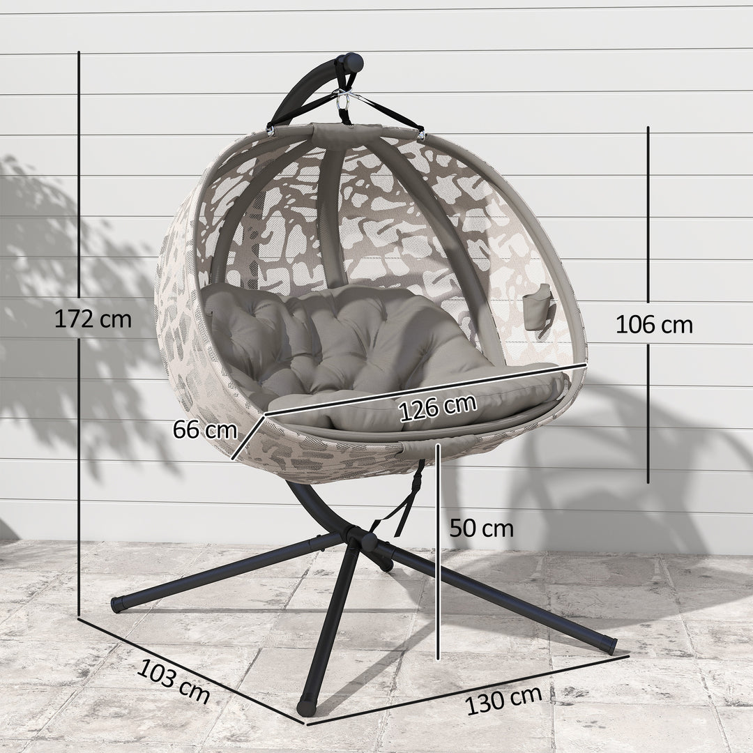 Hængestol til 2 personer, foldbar siddekurv, stor siddehynde, sand, 130 x 103 x 172 cm