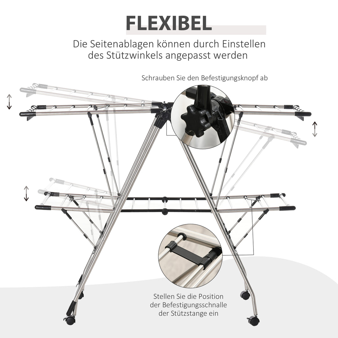 Tørretørrer 1,385 m tørrelængde bærbar stående tørretumbler med teleskopstænger, hjul og bremser tørretumblervinge til indendørs og udendørs brug, sølv + sort