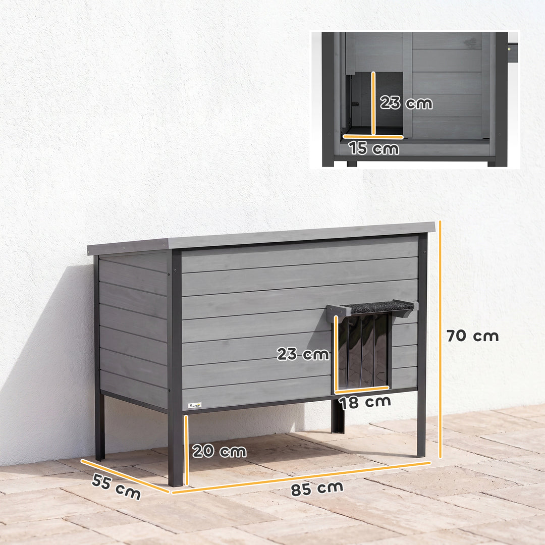 Vejrbestandigt kattehus med hængslet tag, aftageligt gulv, indgang til 1-2 katte op til 12 kg, 85x55x70 cm, lysegrå