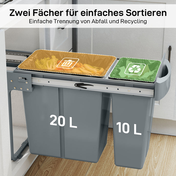 Udtrækkelig affaldsbeholder, køkkenaffaldsbeholder med 2 aftagelige spande, håndtag, 30 liter (20 L+10 L), metal, grå