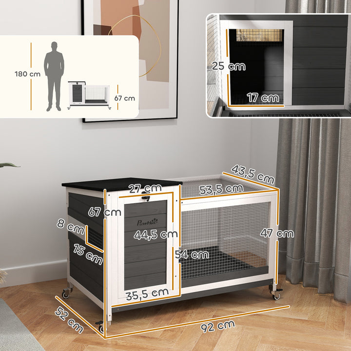 Kaninbur i træ med fritgående indhegning, hjul, foldetag, til indendørs og udendørs brug, 92 x 52 x 67 cm, mørkegrå