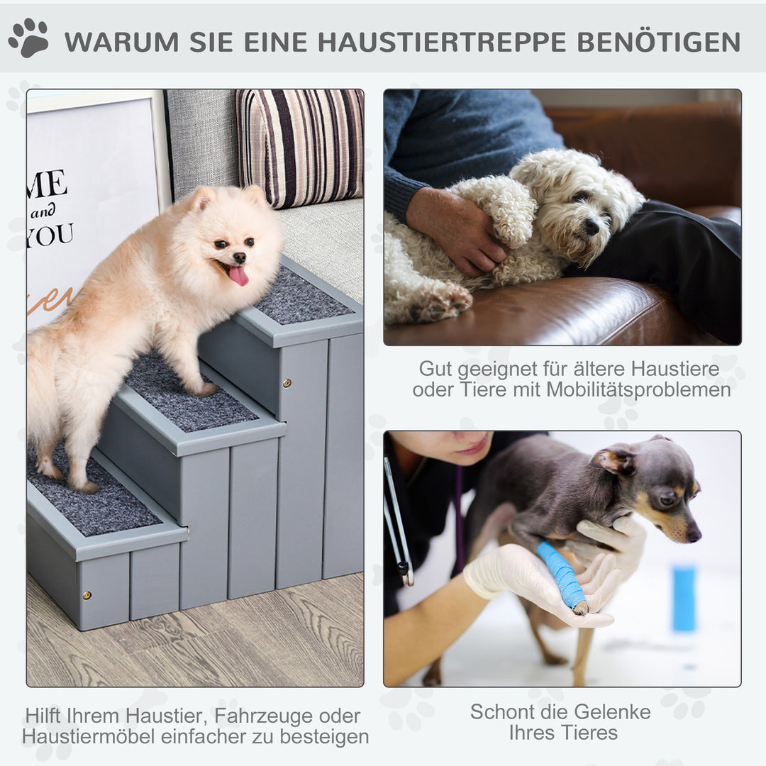 Hundetrappe 3 trin kattetrappe kæledyrstrappe hundetrappe til hunde og katte kæledyrstrappe indgangshjælp med tæppe opbevaringsplads til sovesofa grantræ grå 40,5 x 44,5 x 38 cm