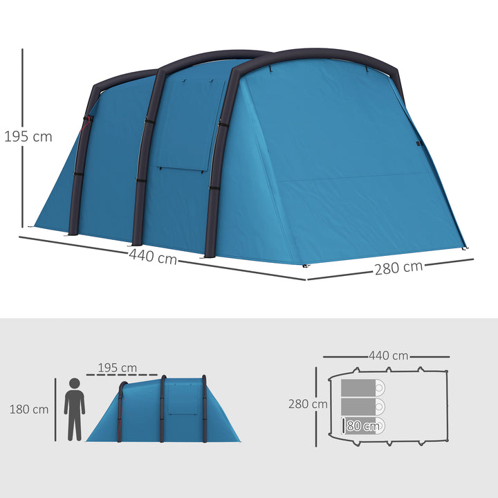 Oppusteligt campingtelt til 3-6 personer, udendørs tunneltelt med sidevinduer og dør, luftstøtte, 4,4 x 2,8 x 1,95 m, blå