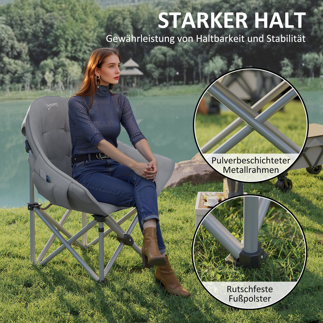 Klapstol foldbar campingstol med sidelomme, polstret bæretaske, op til 120 kg lasteevne, mørkegrå
