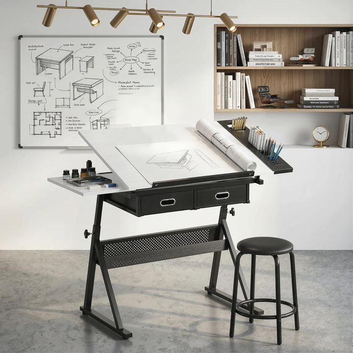 Højdejusterbart tegnebord, arbejdsbord med skammel og skuffer, hvid