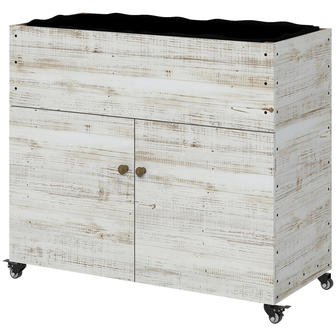 Højbed med hjul, skabsrum, indvendig foring, brugt look, 110x50x95 cm, hvid