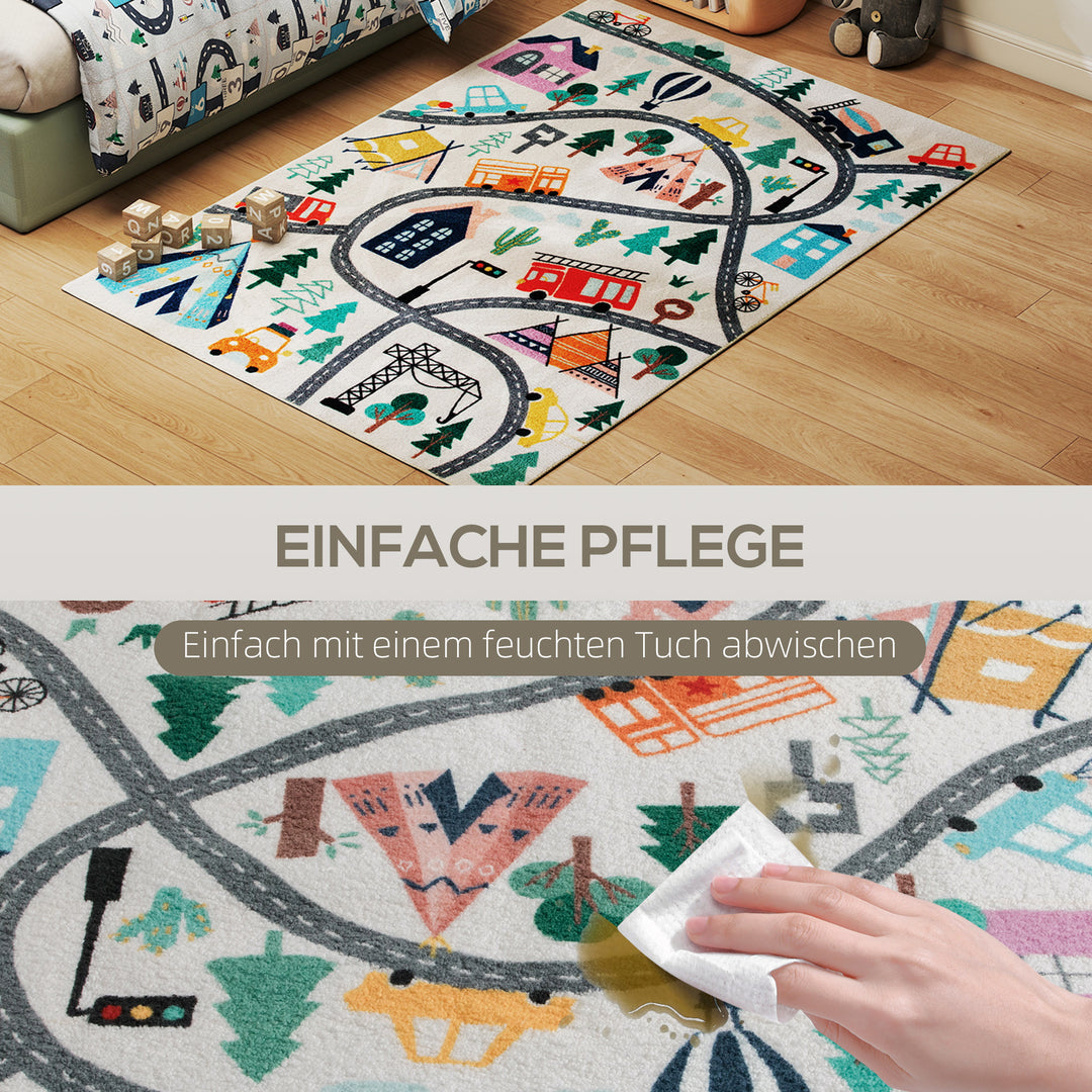 Highway pattern tæppe, hvid baggrund, blød fleece, nem at pleje, farverig