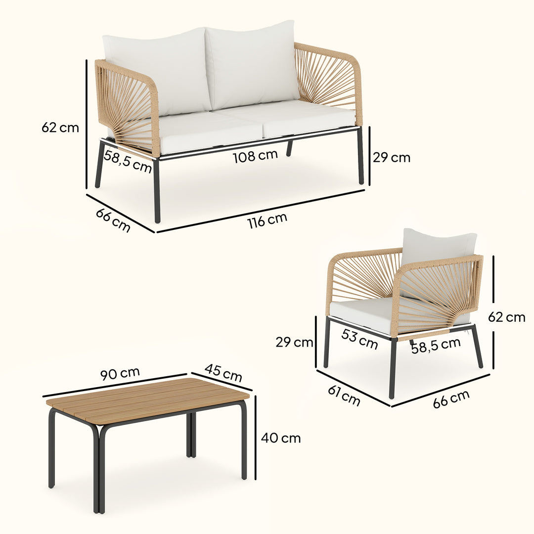 Havemøbelsæt, vejrbestandigt, til 4 personer, med 2-personers sofa, 2 lænestole, WPC lamelbord, metal, PE-rattan, hvid
