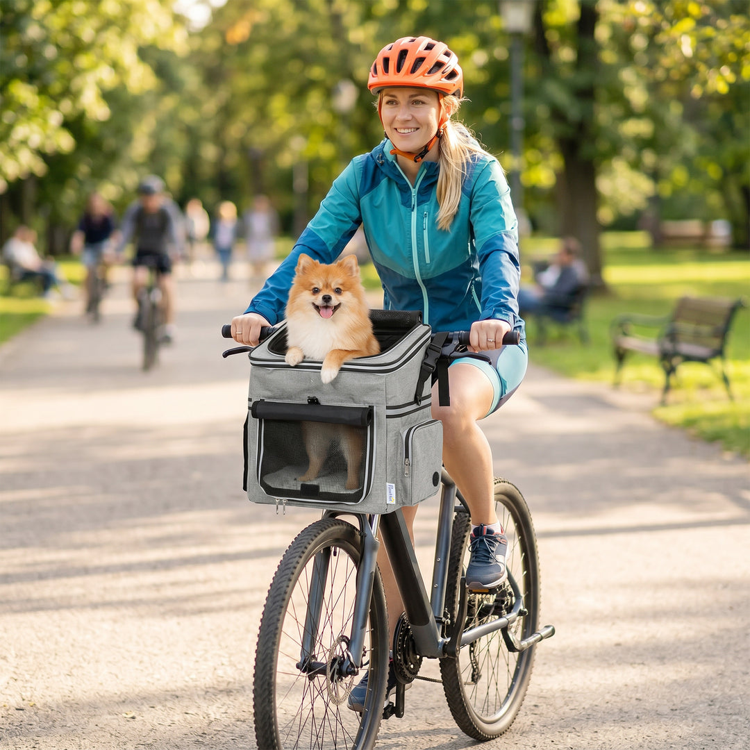 Bærbar frontmonteret hundekurv til cykler, med sikkerhedsline, hynde og skål til små hunde op til 5 kg, lysegrå.