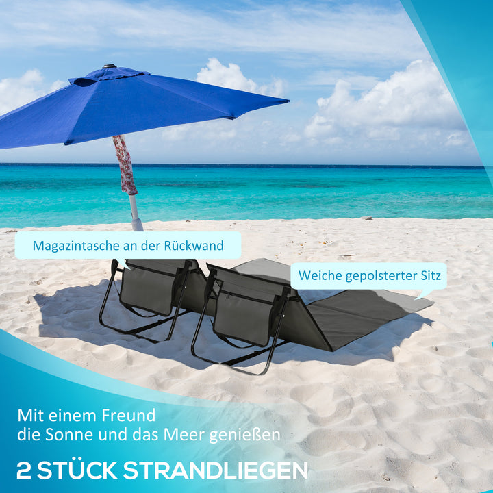 Sammenklappelig strandstol med justerbar ryglæn, sidelomme, blød polstring, stålramme, grå, 142x51x40cm