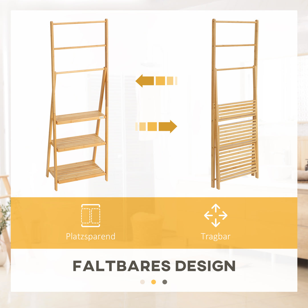 Bambus håndklædestige med hylder, 3 hylder, 3 håndklædestativer, foldbar, 53 cm x 30,5 cm x 152 cm, naturlig