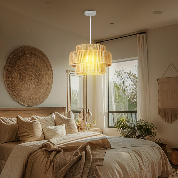 Hængelampe, 3-lags lampeskærm, metal, hampereb, lysebrun