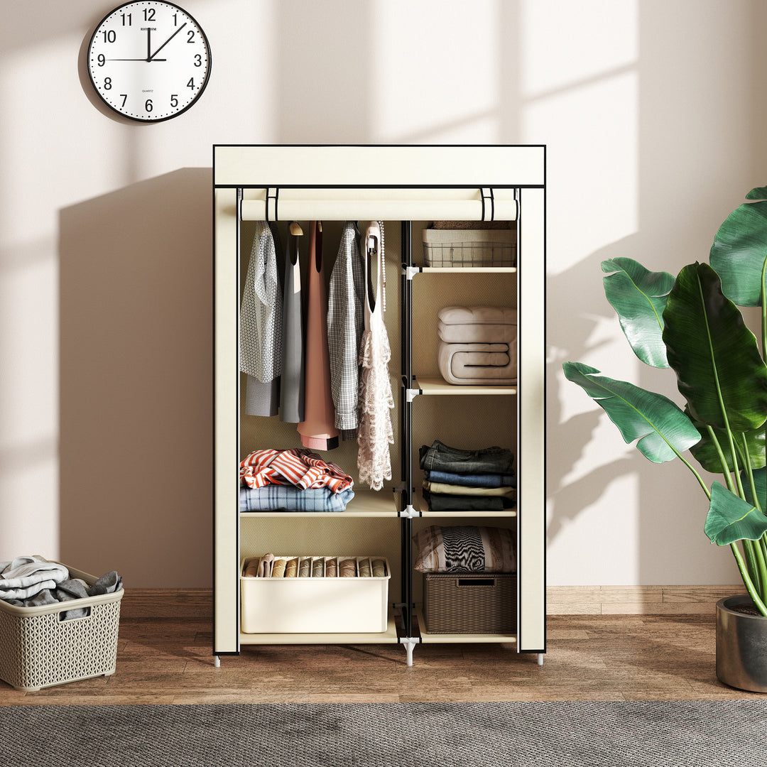Stofgarderobe, opbevaringsløsning, 6 hylder, 1 bøjlestang, beige