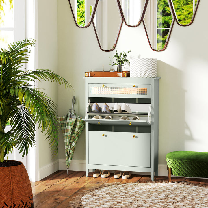 Skoskab til 12 par sko, med 1 udtræksskuffe, 2 vippeskuffer, skokommode, 88 x 30 x 120 cm, grøn