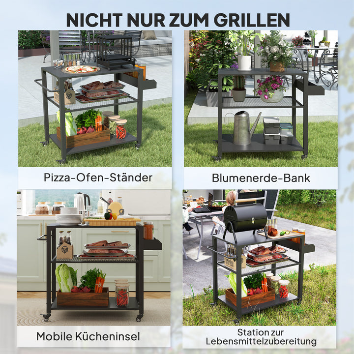 Udendørs køkkenø, grillvogn med opbevaringshylde, håndtag, 4 hjul, køkkenvogn, terrasse, have, metal, sort