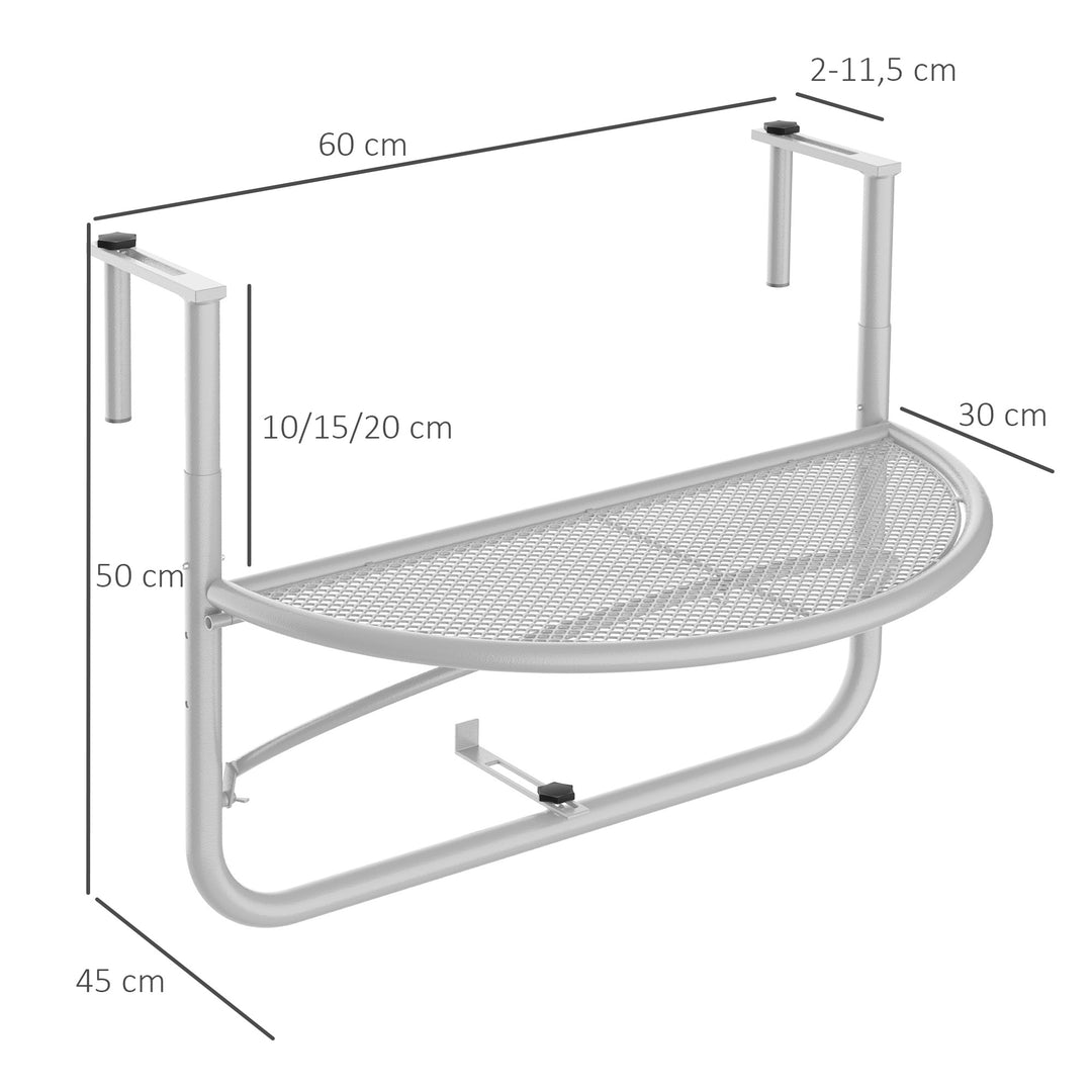 Balkonhængebord, havebord, højdejusterbart, halvrundt, Ø30 cm, terrassebord, metal, hvid, L60 x B45 x H50 cm