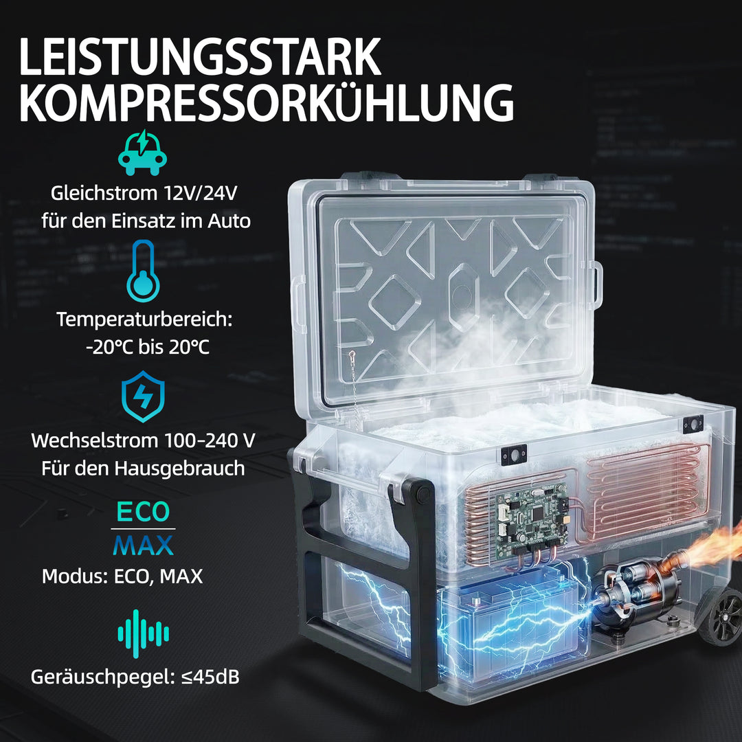 42,5 liters kompressorkøleboks, støjsvagt elektrisk minikøleskab ned til -20 ℃, med Bluetooth, rullehåndtag, telefonholder