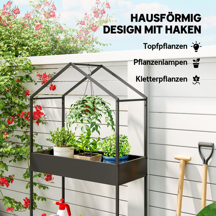 2-etagers husformet plantestativ, 150 cm højt, blomsterstativ med kroge, metal, sort