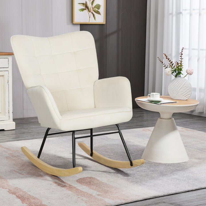 Gyngestol, tyk polstring, bred ryglæn, bøgetræ/stålstel, op til 120 kg, beige