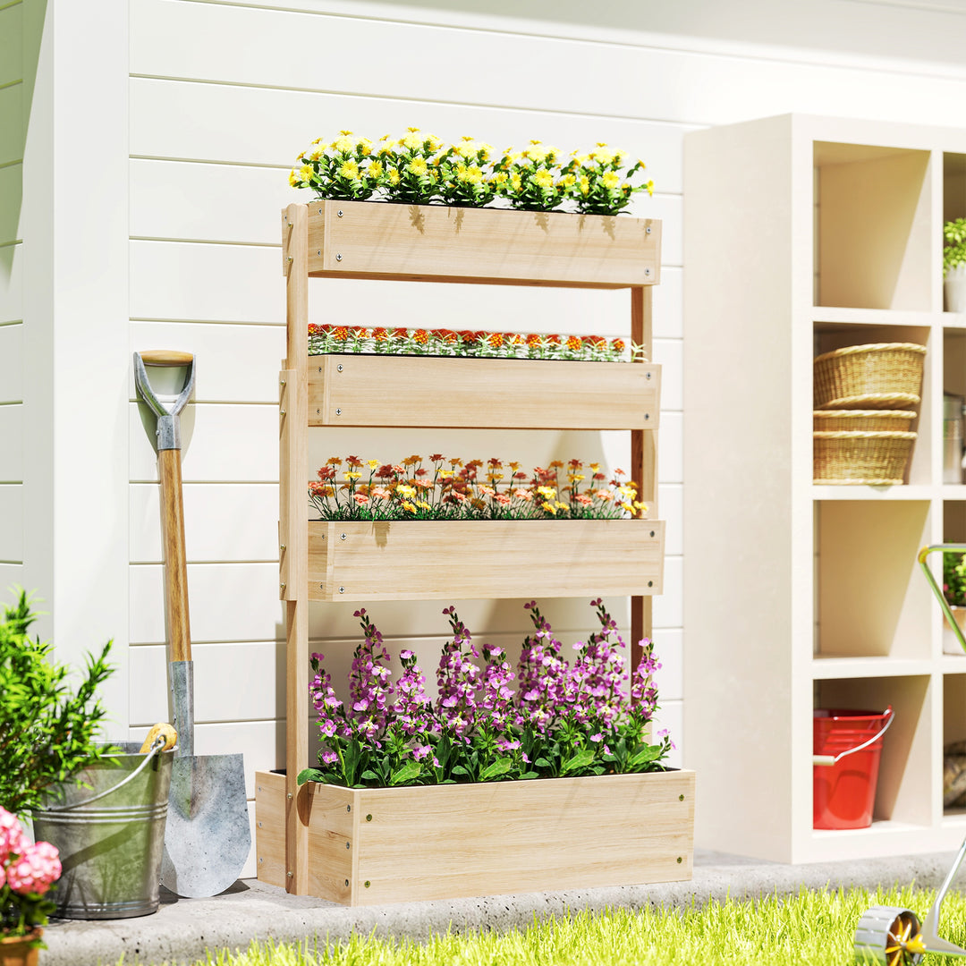 Udendørs højbed af træ, 4-niveau plantebed med drænhuller, kold ramme, havebed, 88,5 x 45 x 140 cm, naturtræ