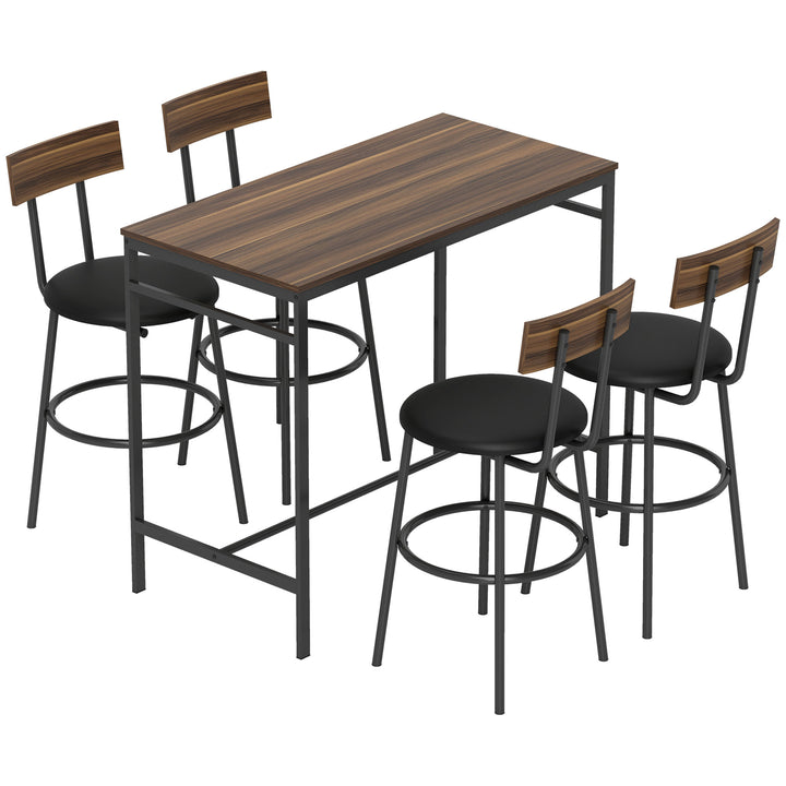 5-delt barbordssæt med 4 stole, industrielt design, til køkken, spisestue, træ, stål, brun
