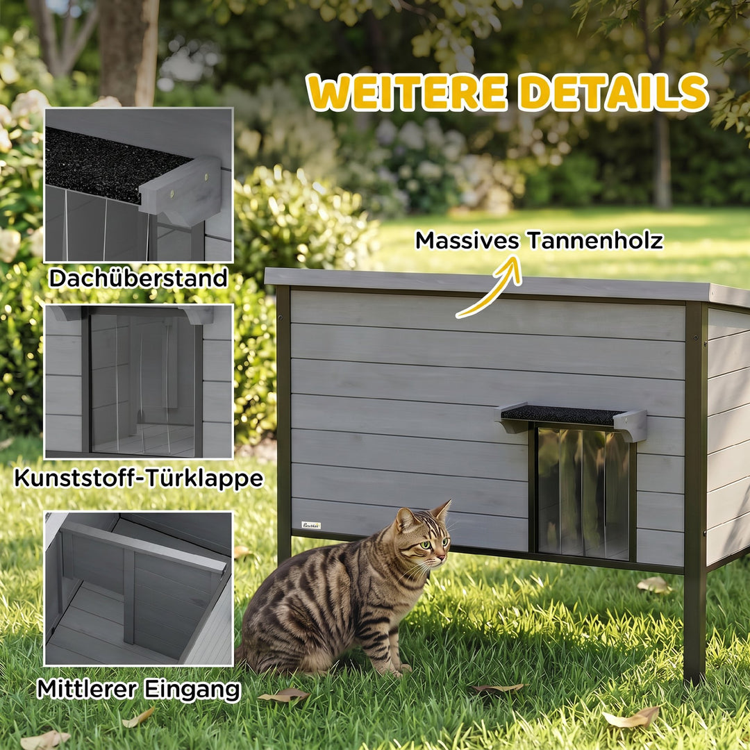 Vejrbestandigt kattehus med hængslet tag, aftageligt gulv, indgang til 1-2 katte op til 12 kg, 85x55x70 cm, lysegrå