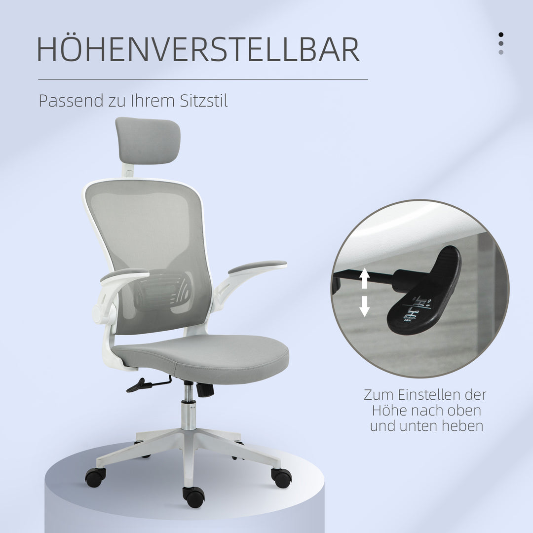 Kontorstol ergonomisk skrivebordsstol med vippefunktion høj ryg lændestøtte nakkestøtte foldbar armlæn hjemmekontor grå 65 x 64 x 114-122 cm