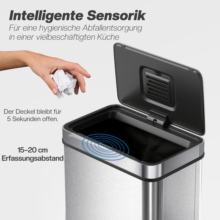 50L sensoraktiveret affaldsbeholder, automatisk låg, rustfrit stål, alsidig, sølvfarvet