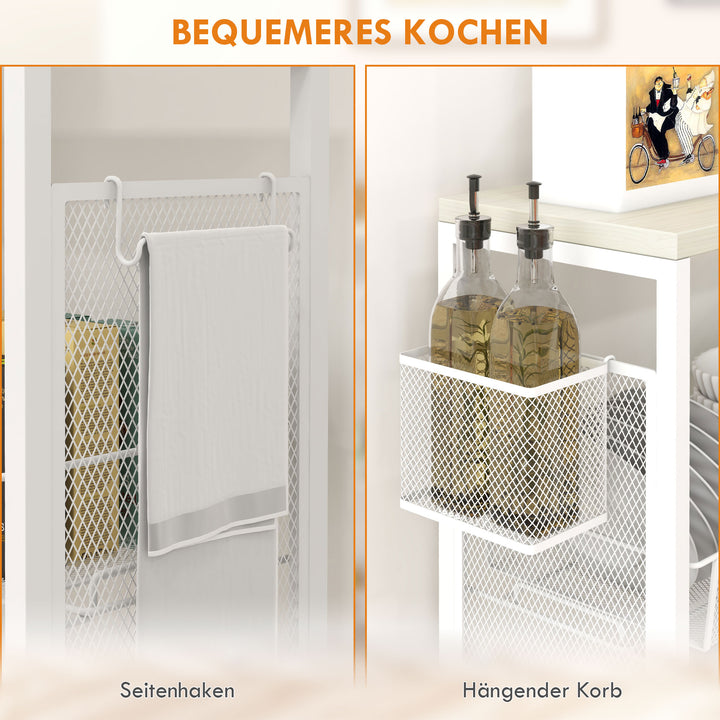 Nichevogn multifunktionel køkkenvogn, 3 hylder, krogene, 58 cm x 18,5 cm x 87 cm, hvid