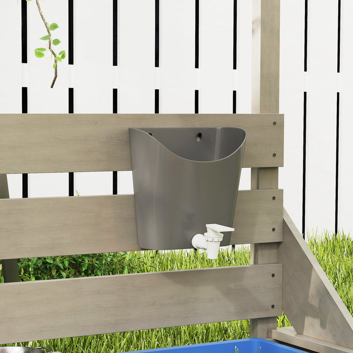 Sandkasse med soltag, piratskib, inklusive børnekøkkenlegesæt, massivt træ, 180 x 103 x 144,5 cm, grå