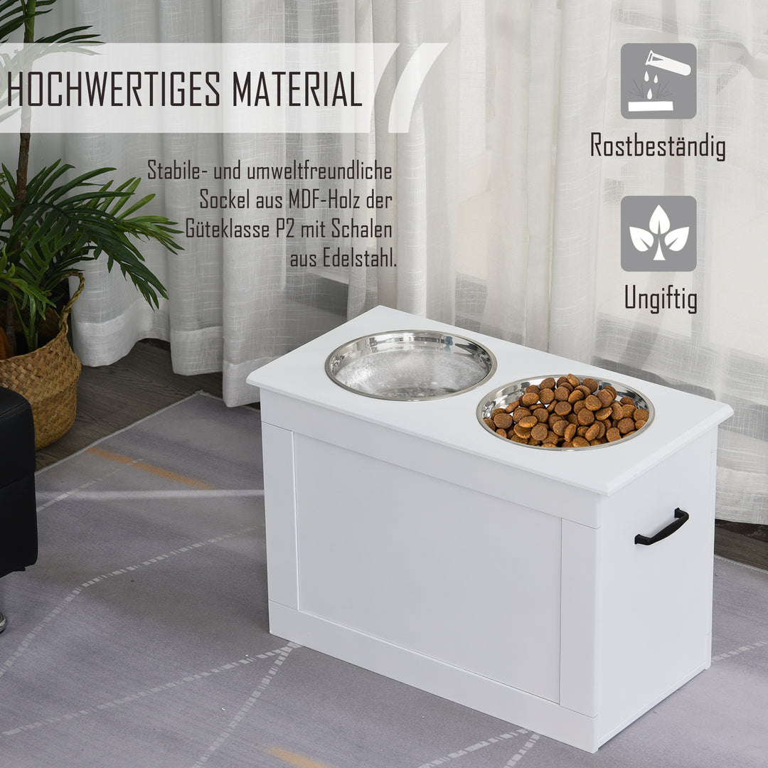 Hævet hundeskål med opbevaringsplads og vandskål, 2 x 2000ml rustfri stålskåle, hundeskåle, foderstation til hunde og katte, hvid
