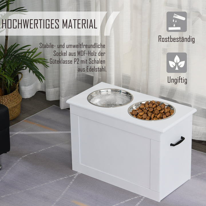 Hævet hundeskål med opbevaringsplads og vandskål, 2 x 2000ml rustfri stålskåle, hundeskåle, foderstation til hunde og katte, hvid