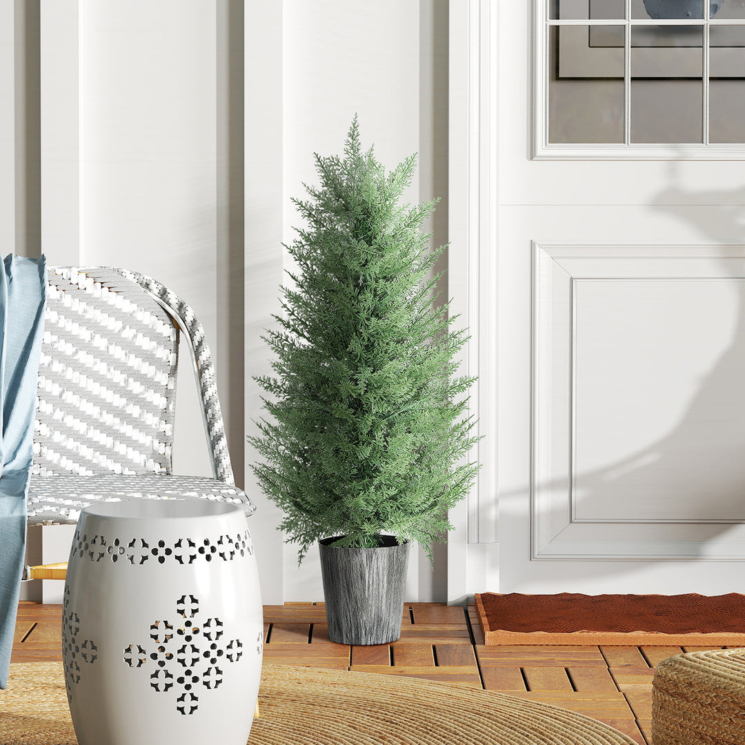 Sæt med 2 store kunstige cypresser, 90 cm, kunstige planter, kunstige plastikplanter i potter 15 x 15 x 90 cm, grønne